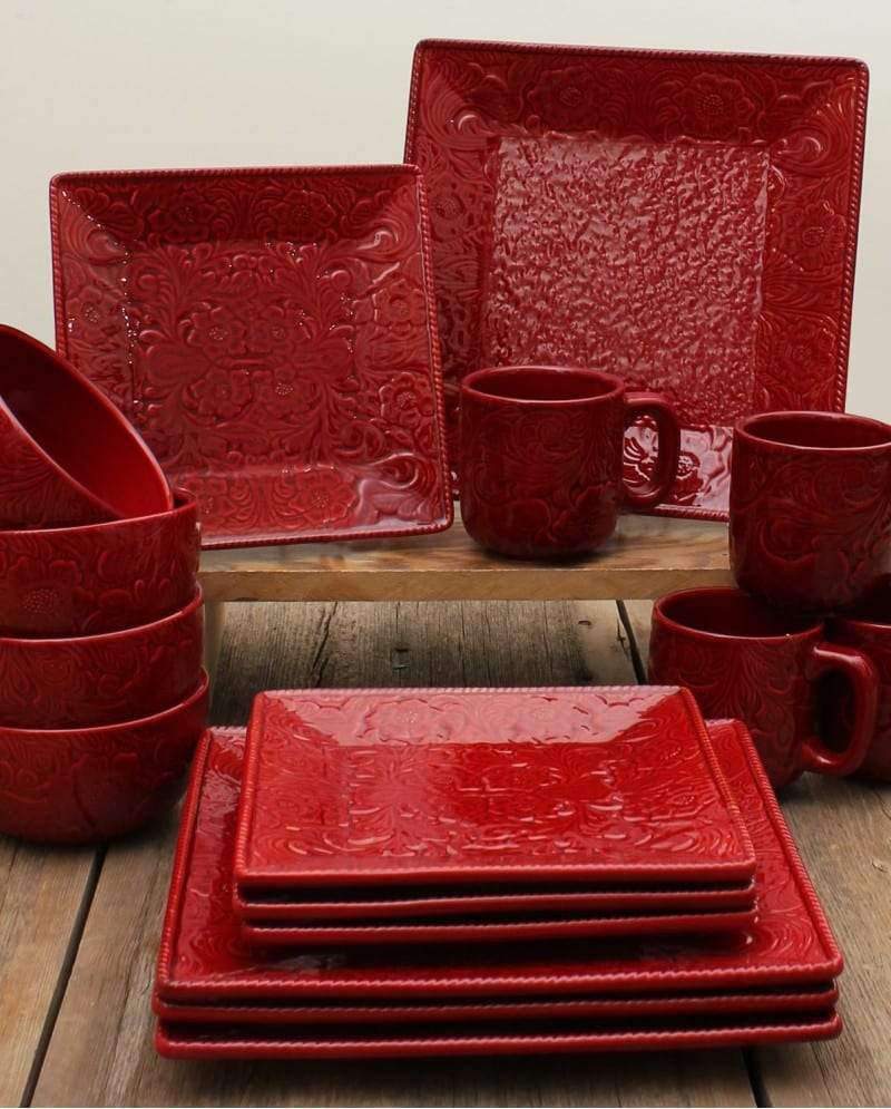 red embossed western dinnerware with square  plates - Your Western Decor