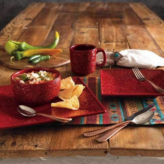 red floral embossed dinnerware with square plates - Your Western Decor