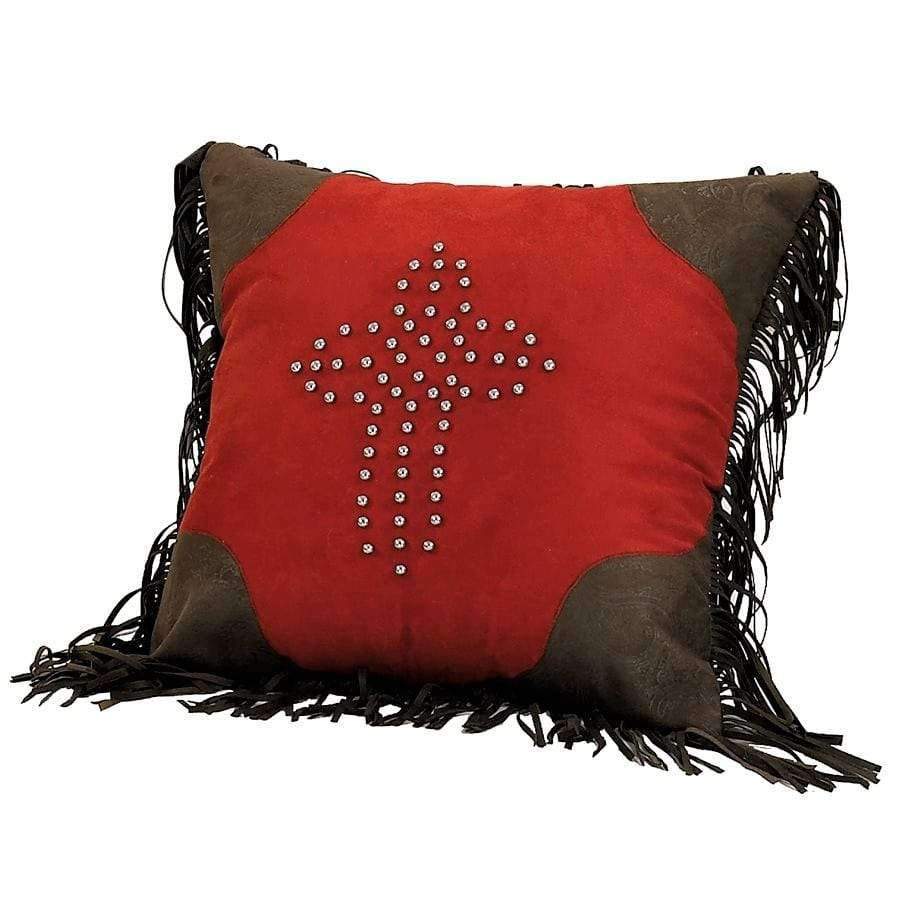 Red faux suede leather accent pillow with studded cross and fringe. Your Western Decor