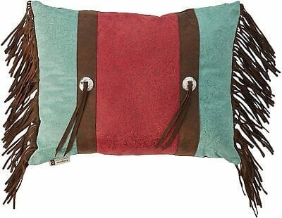 Turquoise Tooled Western Comforter Set included red & turquoise accent pillow with fringe and conchos - Your Western Decor