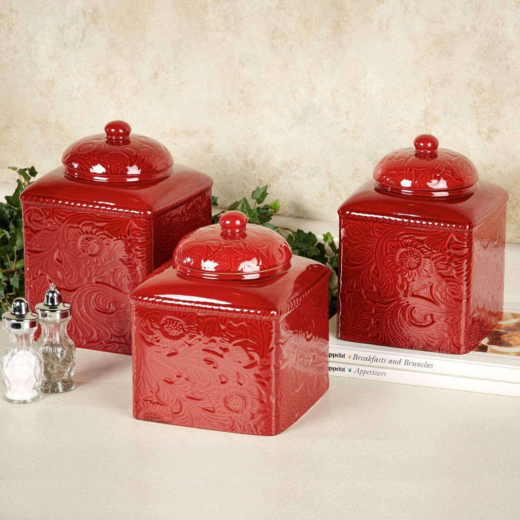 red ceramic, western embossed 3 pc canister set
