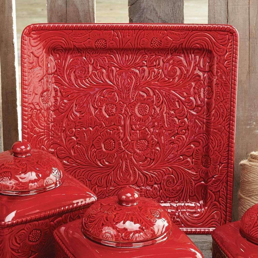 red western embossed ceramic platter, square 13"