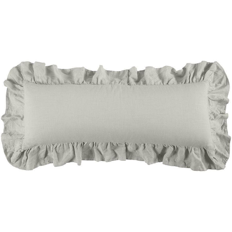 Light grey linen body pillow with oversized ruffle. Your Western Decor