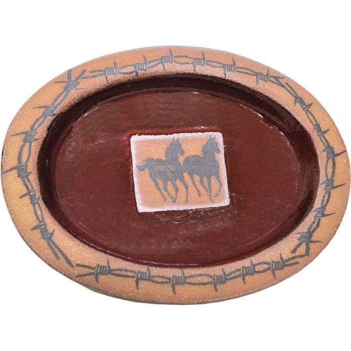 Red and terra cotta oval platter with horses and barbed wire. Made in the USA. Your Western Decor, LLC