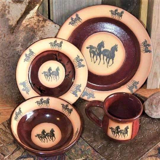 Red and terra cotta handmade pottery dinnerware with horses. Made in the USA - Your Western Decor