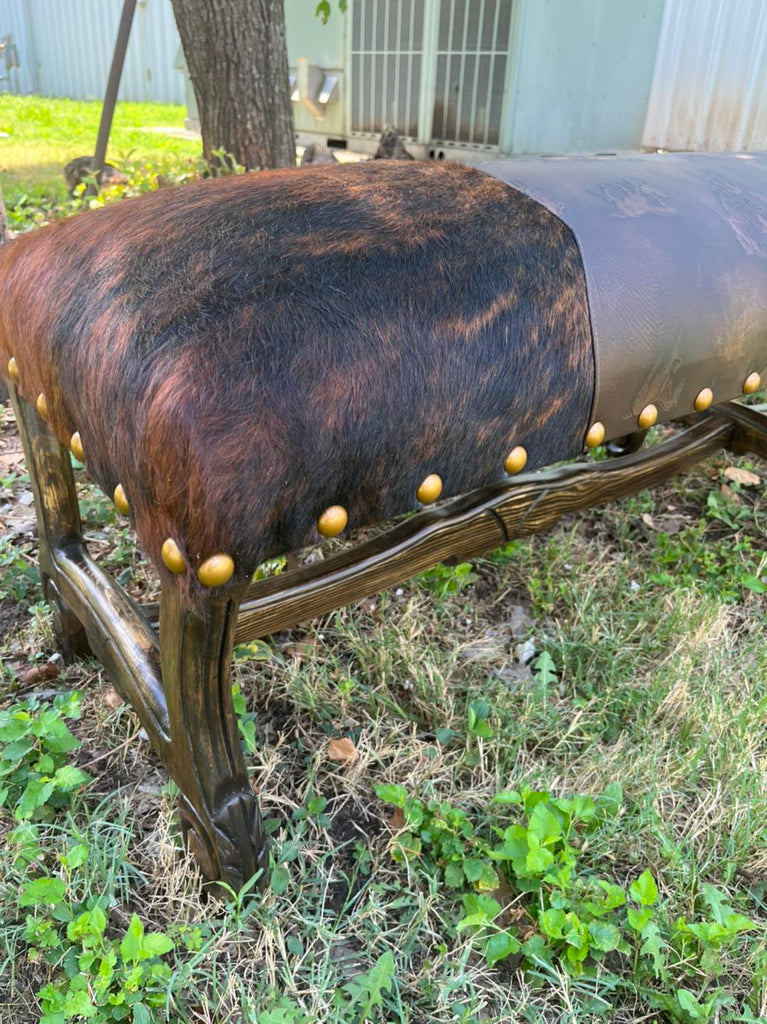 Brindle cowhide and settler leather western bench - Your Western Decor