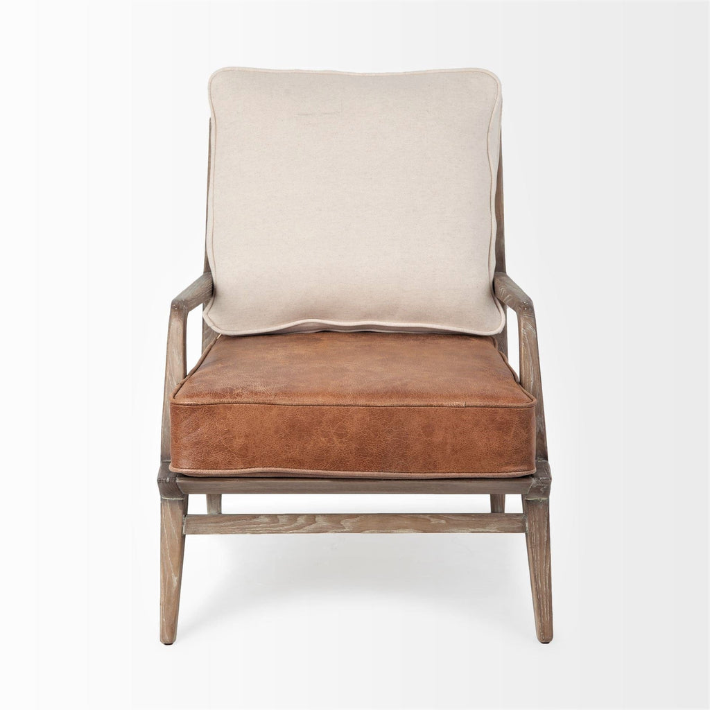 Rustic Boho Accent Chair Front View - Leather and Linen - Your Western Decor, LLC