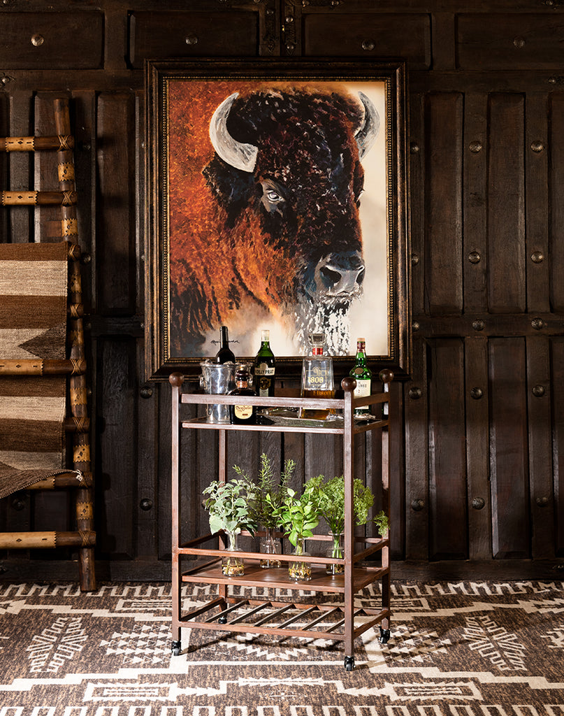 Industrial bar cart, buffalo Snow-Tee art and Wild Whiskey Area Rug - made in the USA - Your Western Decor