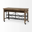 rustic kitchen island with storage shelves, drawers and locking casters 
