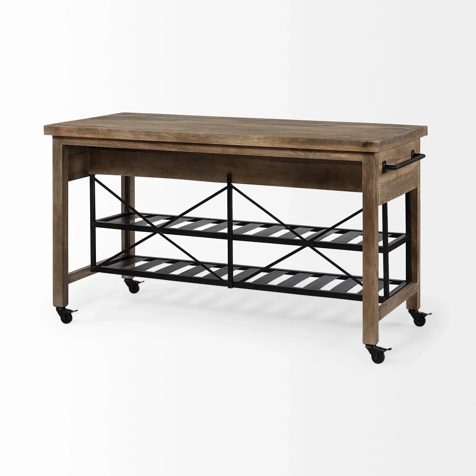 rustic kitchen island with storage shelves, drawers and locking casters 