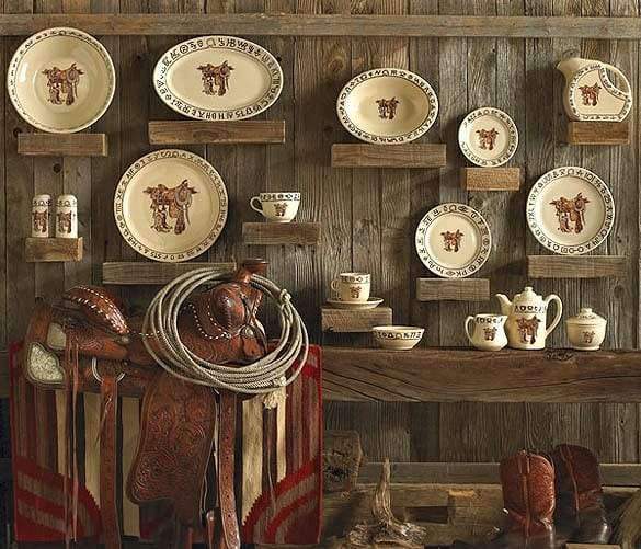 Boots, saddle, rope and brands print western dinnerware collection. Heavy china made in the USA. Your Western Decor