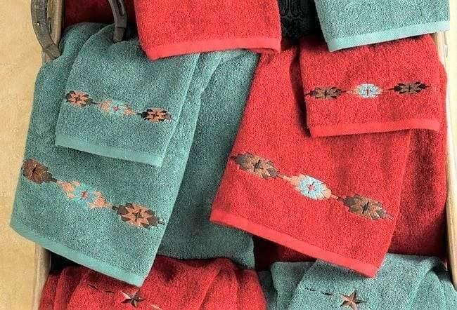 red or turqoise navjo design embroidered towels. Your Western Decor