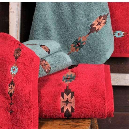 red or turqoise navjo design embroidered towels. Your Western Decor