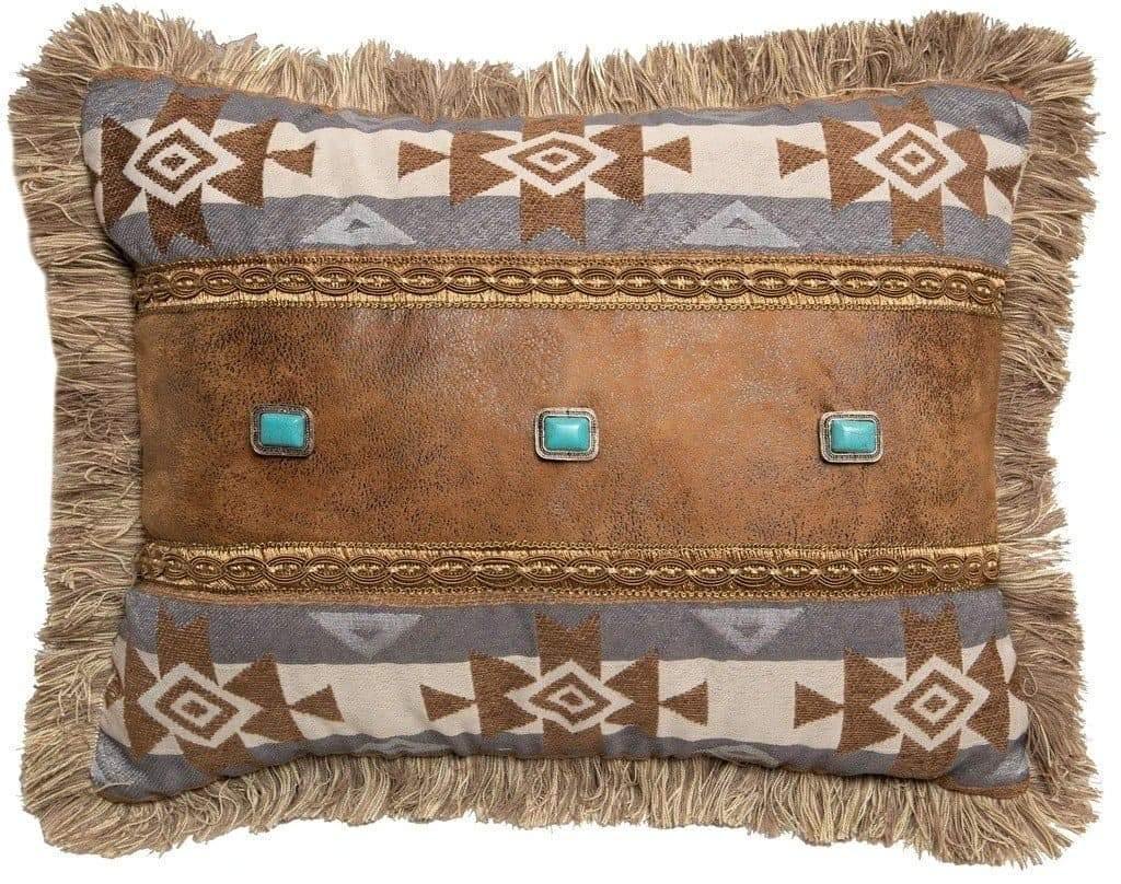 Santa Fe Sky Southwestern accent pillow with faux leather, fringe and conchos. 16"x20". Your Western Decor