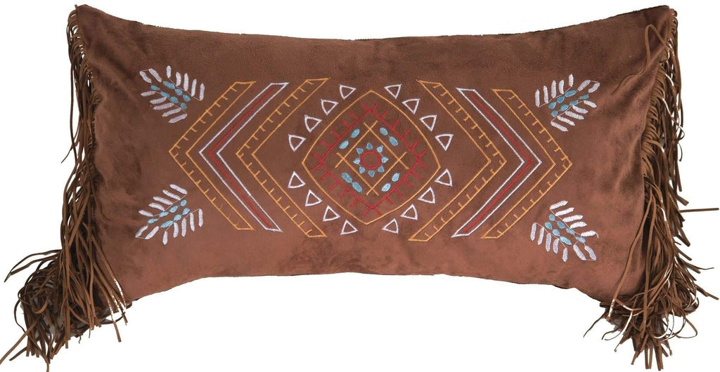 Southwest embroidered designs over dark faux leather rectangle accent pillow with fringe. Your Western Decor