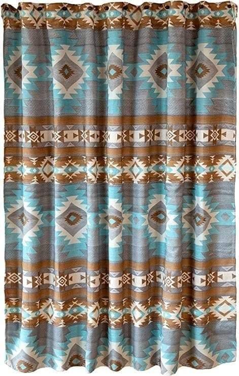 blue, tan, cream aztec design shower curtain. Santa Fe Sky Collection. Your Western Decor
