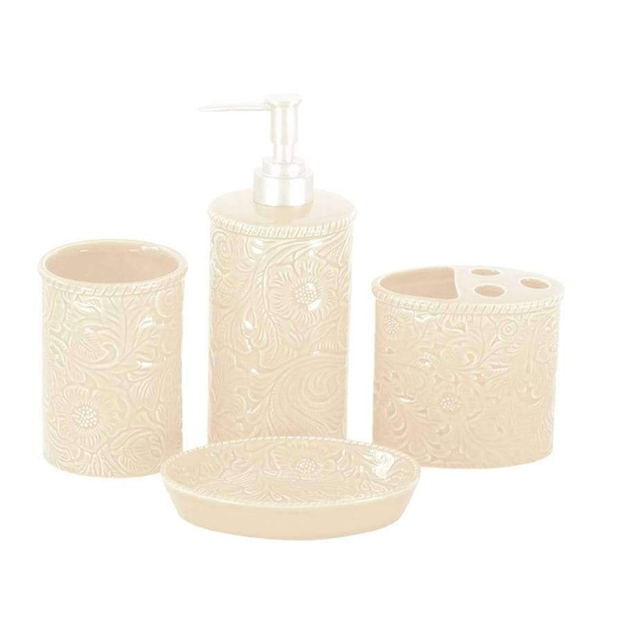 floral embossed, cream color, 4 piece ceramic bath accessories set