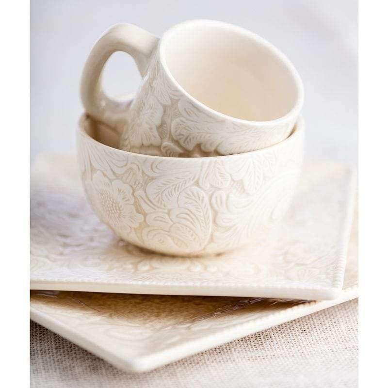 cream color floral embossed dinnerware with square plates