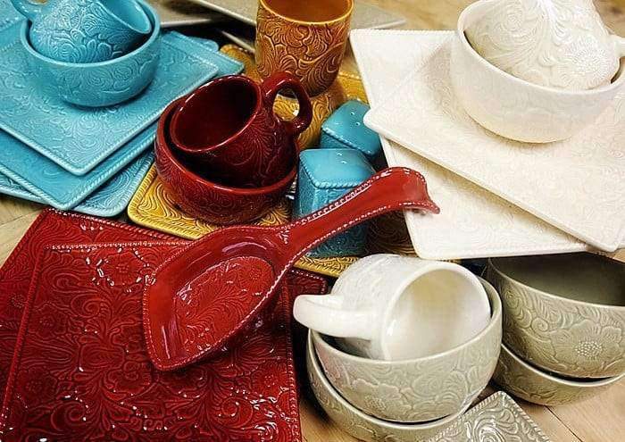 assorted colors, tooled western dinnerware