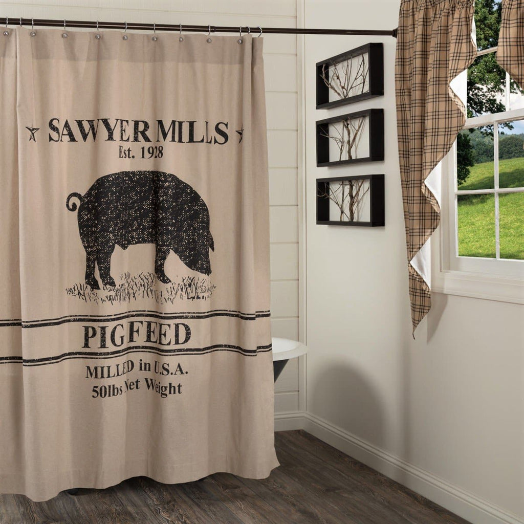 Sawyer mill pig feed back like shower curtain. Farmhouse bath decor. Your Western Decor