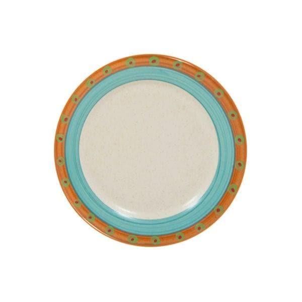 Sedona Sky blue, cream, orange, red and green hand painted dinner plates. Made in the USA. Your Western Decor