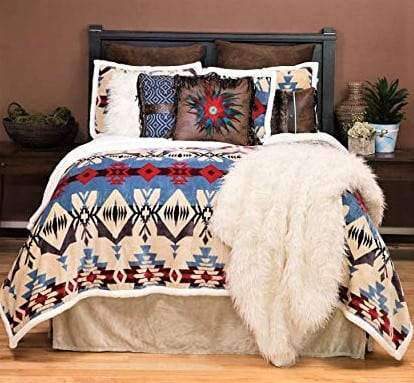 Blue, tan, red, Southwestern sherpa bedding set. Your Western Decor, LLC