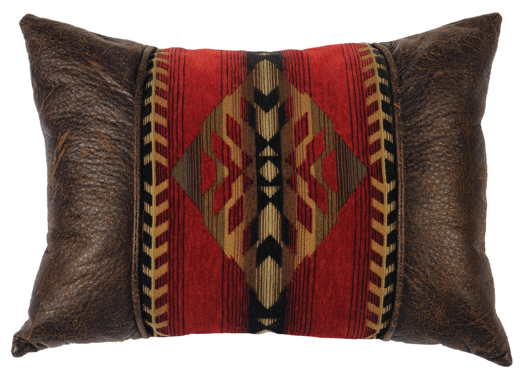 Sorrel Southwestern red, black, tan center fabric with faux leather ends. Made in the USA. Your Western Decor