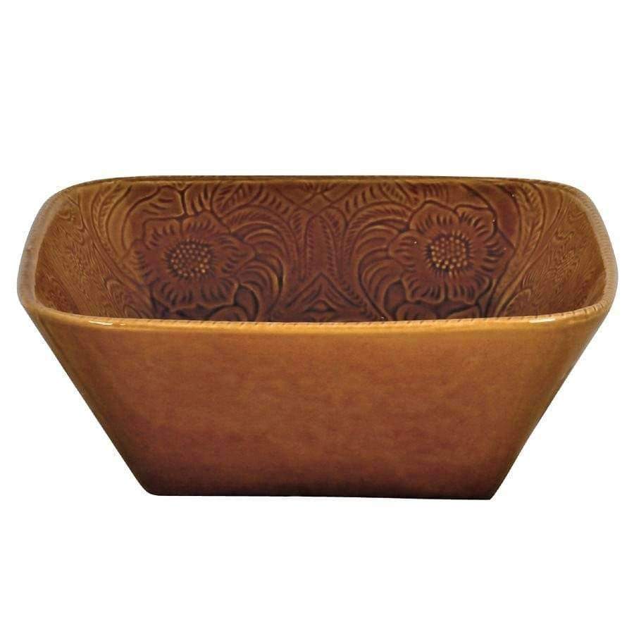 dark mustard, western embossed, square ceramic serving bowl