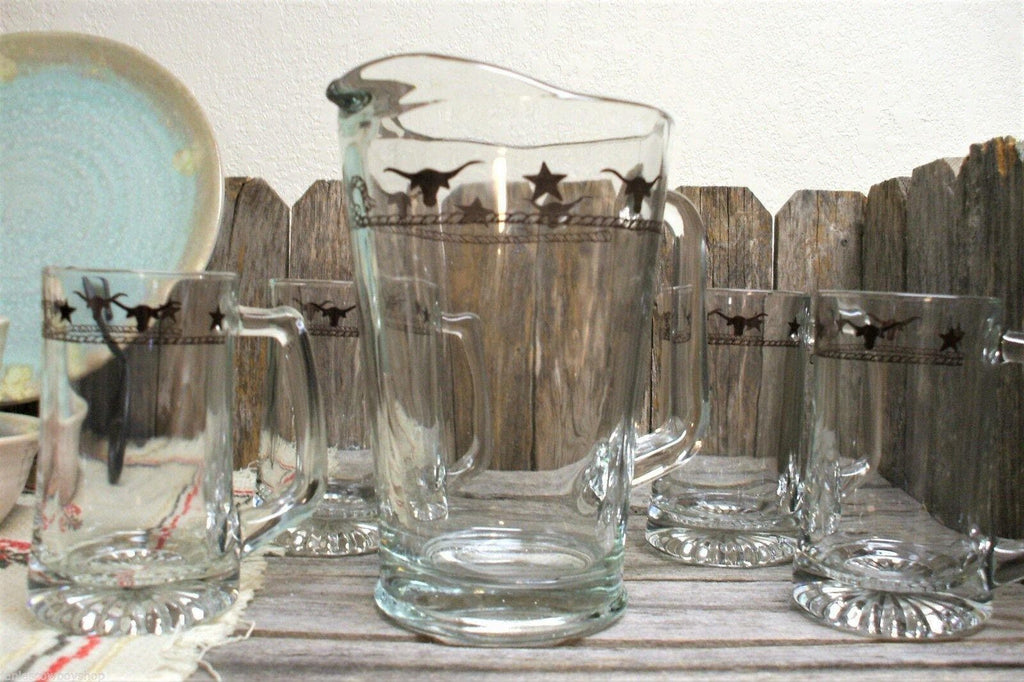 Western beer mugs and pitcher set. Rope, stars and steers images. Made in the USA. Your Western Decor