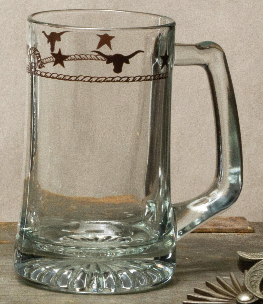 High clarity glass heavy beer mugs with rope, stars and steers graphics. Made in the USA. Your Western Decor