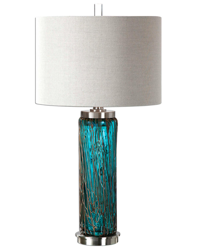Stella Blue Glass Table Lamp with Linen Drum Shade - Your Western Decor