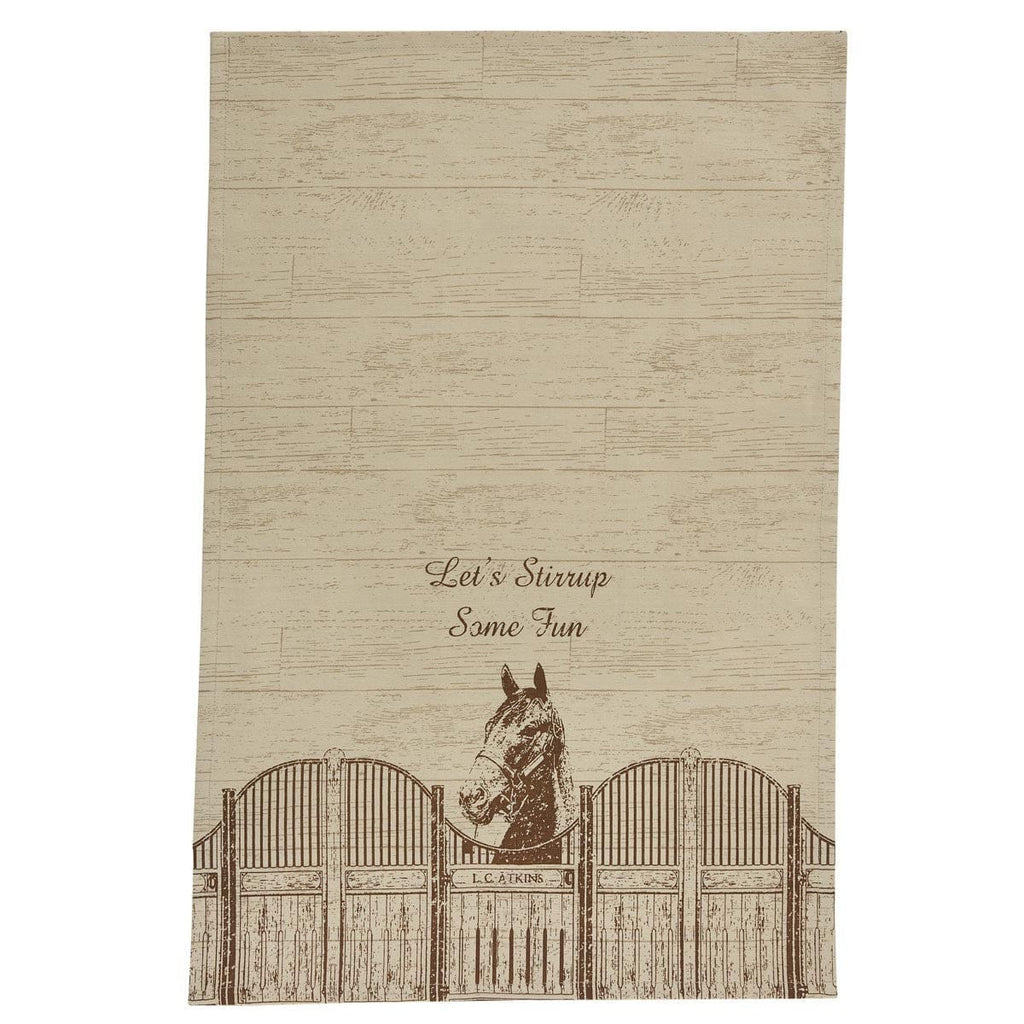 Cotton dish towel with horse in barn print & "let's stirrup some fun" writing. Your Western Decor