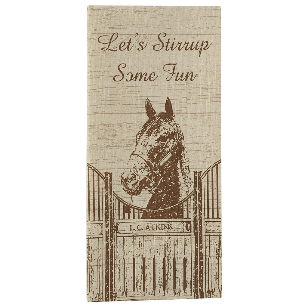 Stirrup some fun cotton dish towel with horse in barn print. Your Western Decor