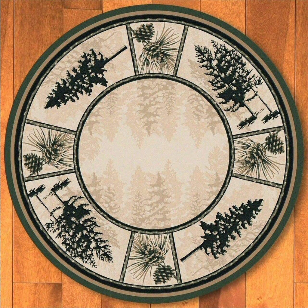 Pine tree and pine cone forest round area rug. made in the USA. Your Western Decor