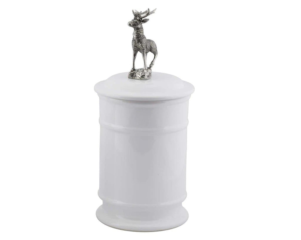 Pewter elk top stoneware canister in white. Your Western Decor