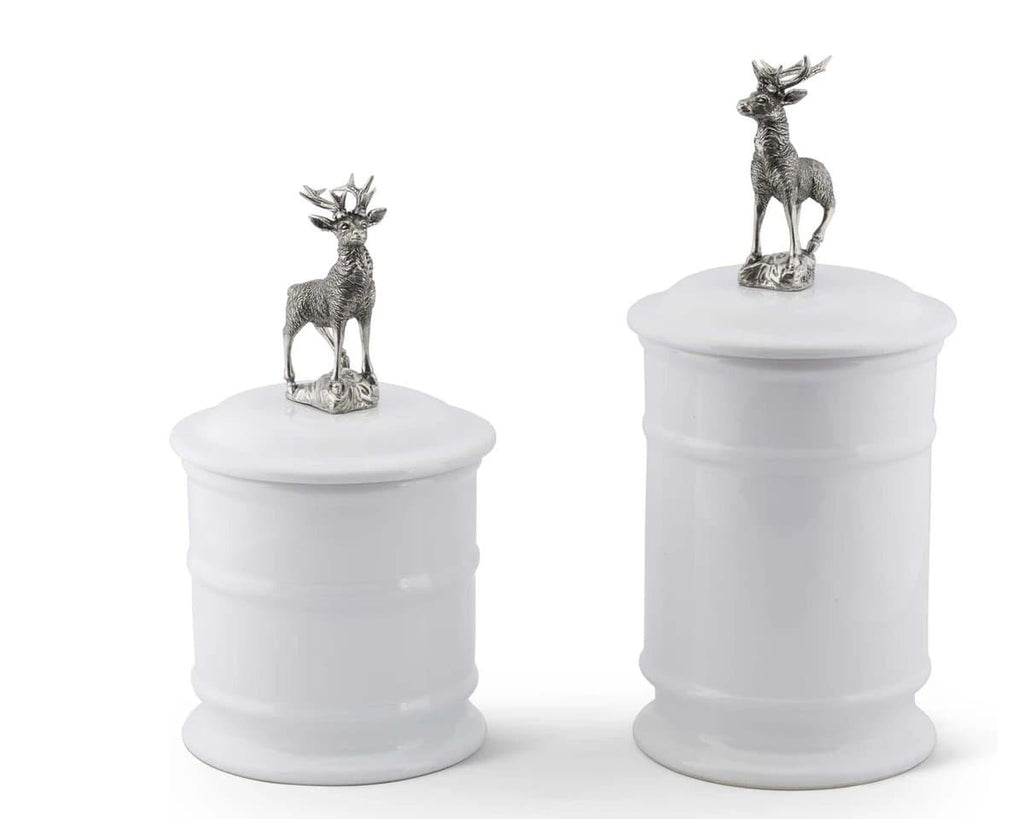 White stoneware canister set with pewter elk on lids. Your Western Decor