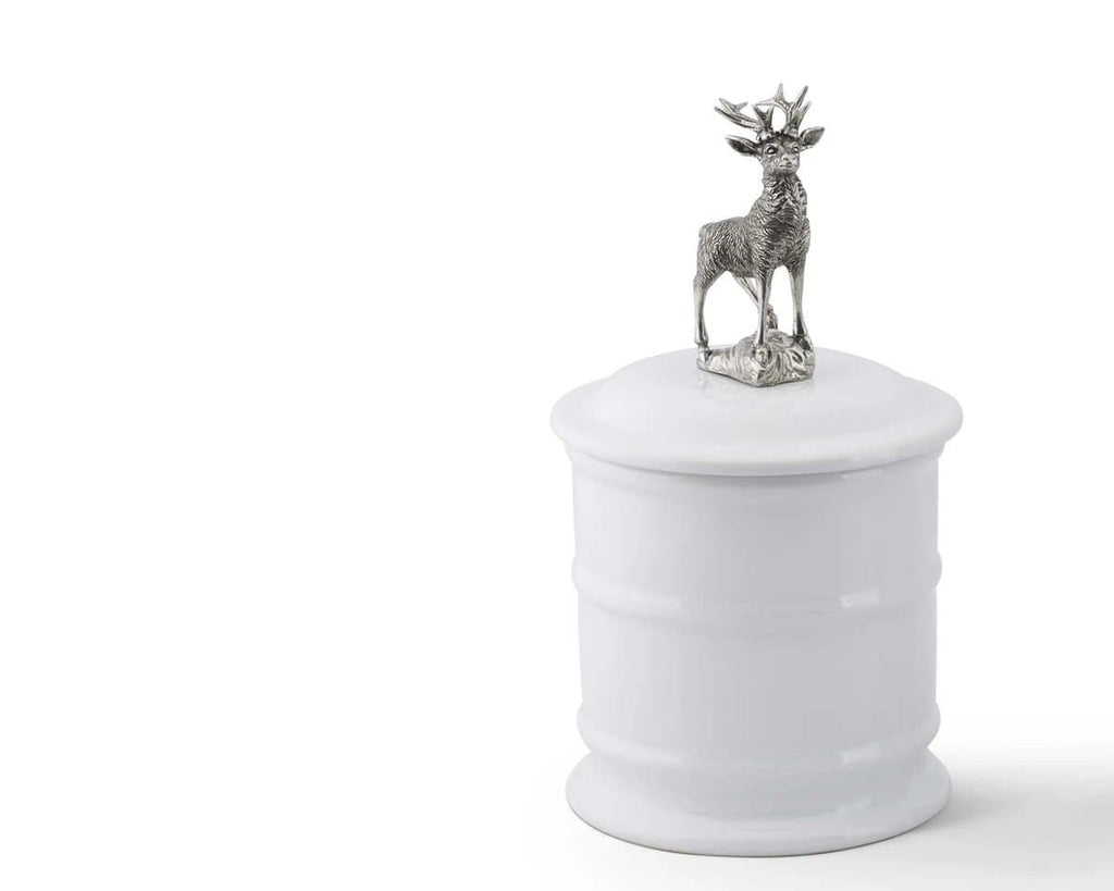 White stoneware canister with pewter elk on lid. Your Western Decor
