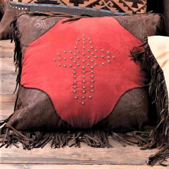 Studded cross red faux suede western pillow. Your Western Decor