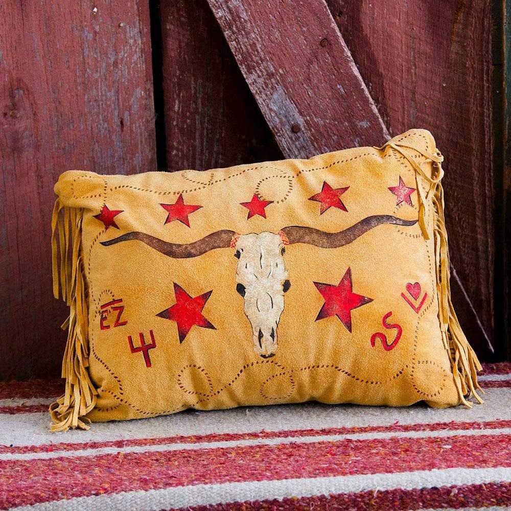 Longhorn, stars, brands & fringe western deer suede accent pillow - made in the USA - Your Western Decor