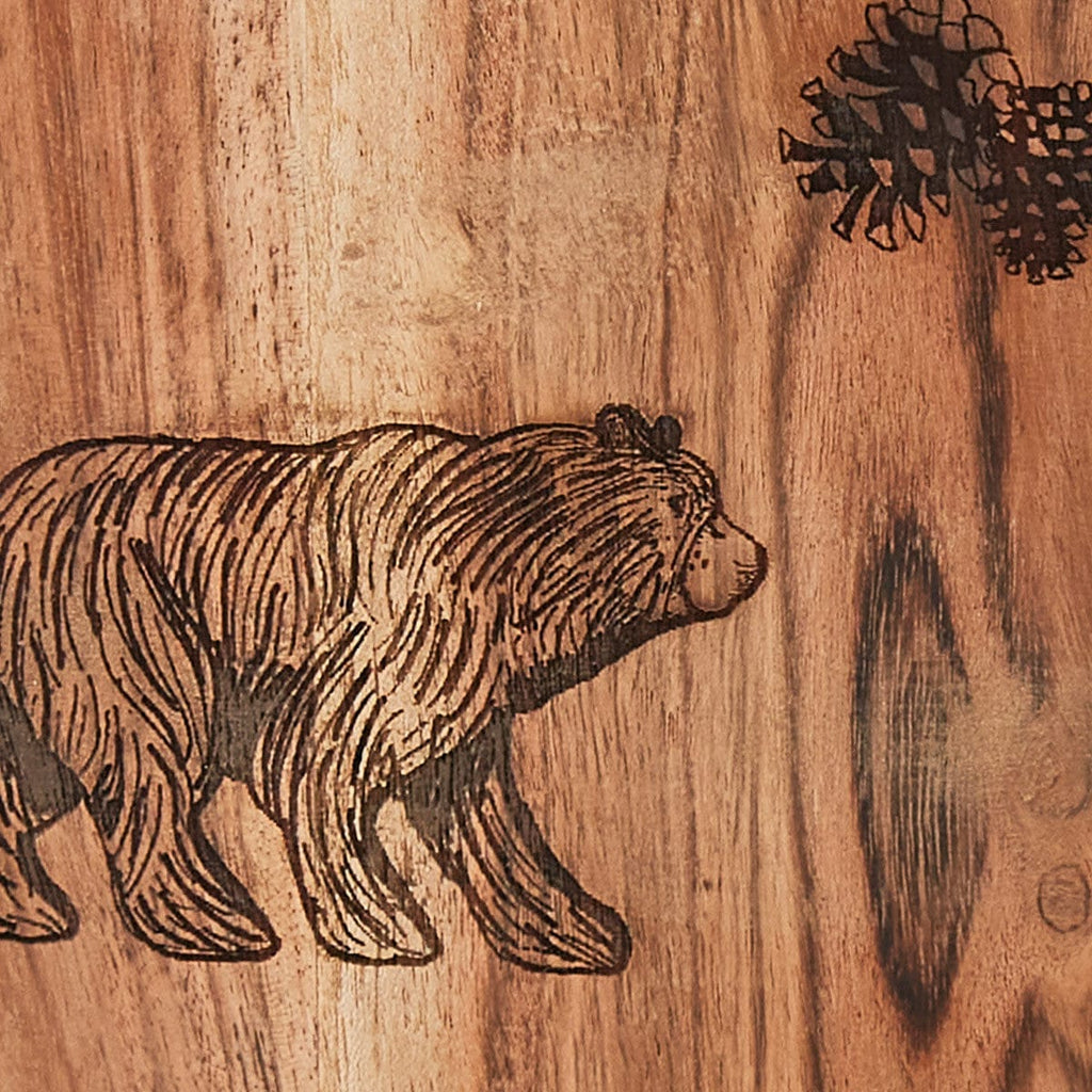 Engraved bear and pine cones on charcuterie tray - Your Western Decor