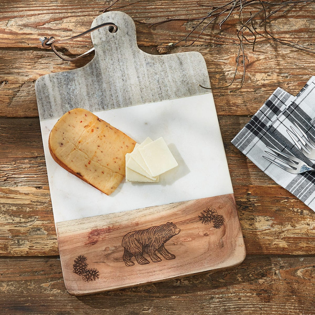 Summit Ridge Pine & Marble Cutting Board with engraved bear and pine cones - Your Western Decor
