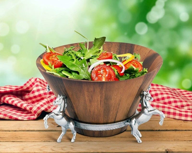 Tapered Wood Salad Bowl w/ Pewter Horse Stand - Your Western Decor