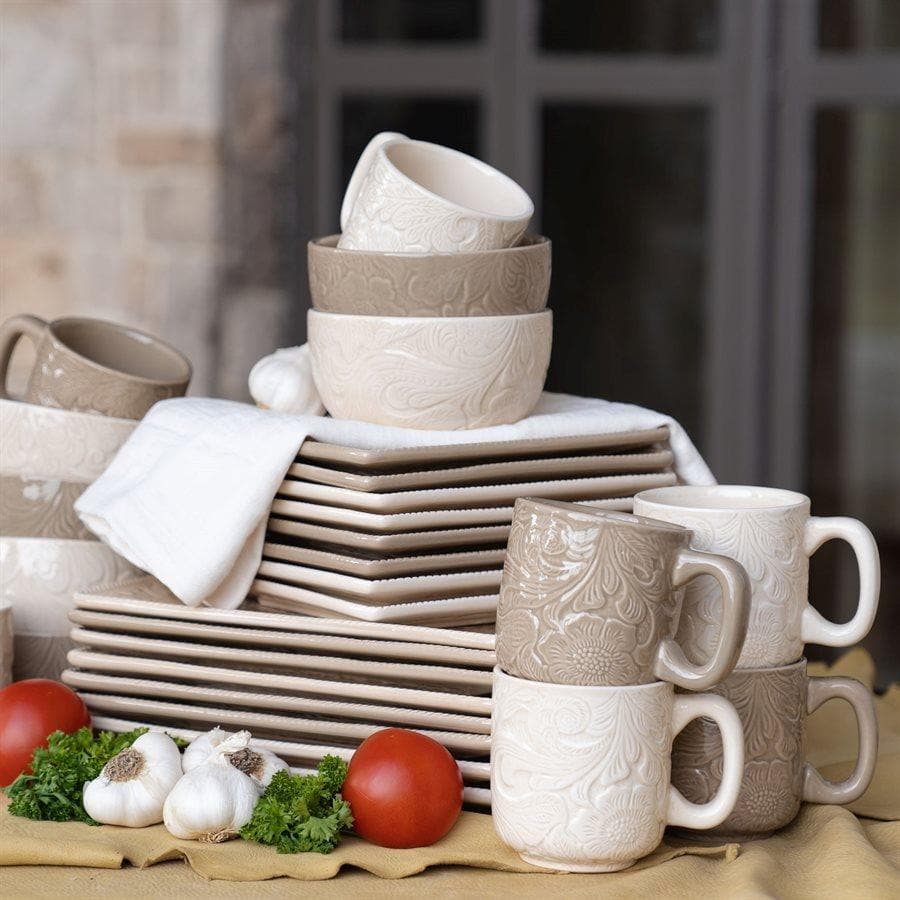 Taupe and cream color embossed dinnerware sets. Your Western Decor