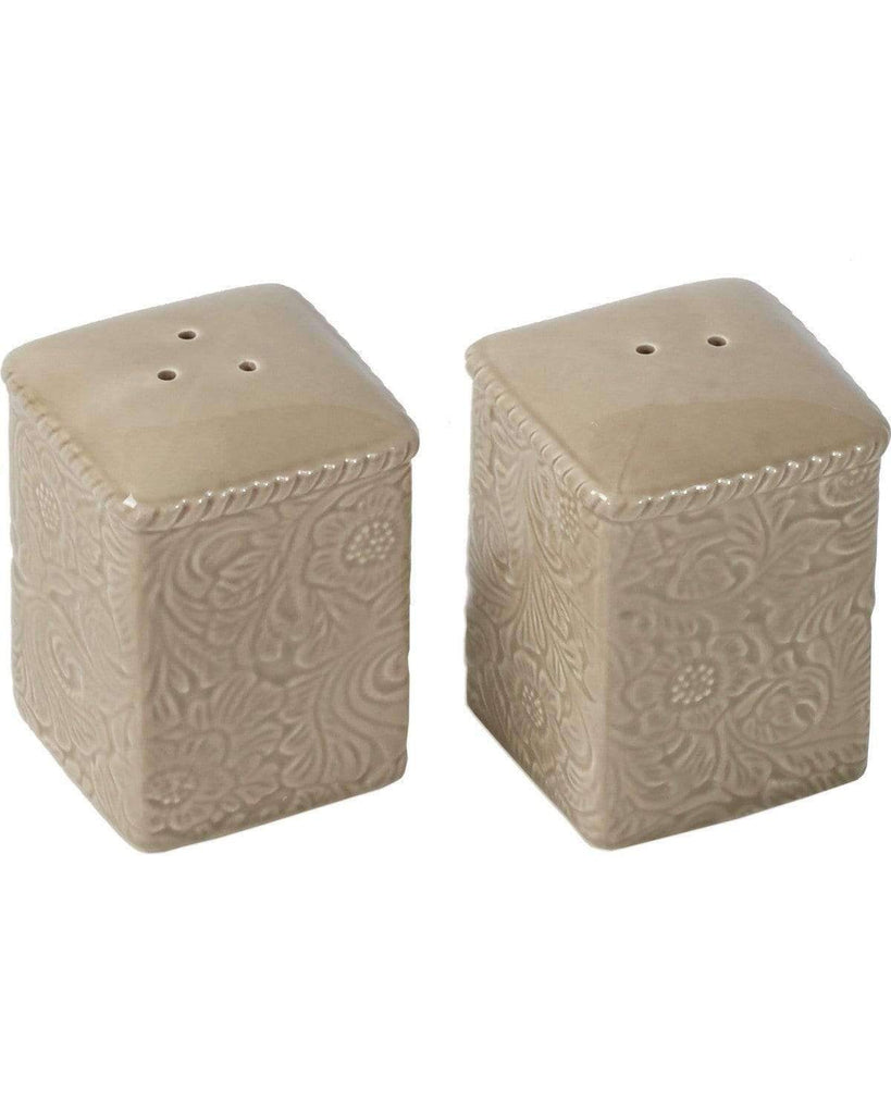 Taupe floral embossed salt and pepper shakers - Your Western Decor