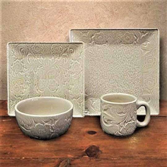 taupe, floral embossed dinnerware with square plates
