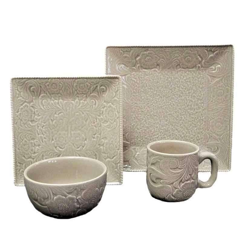 taupe, floral embossed dinnerware with square plates