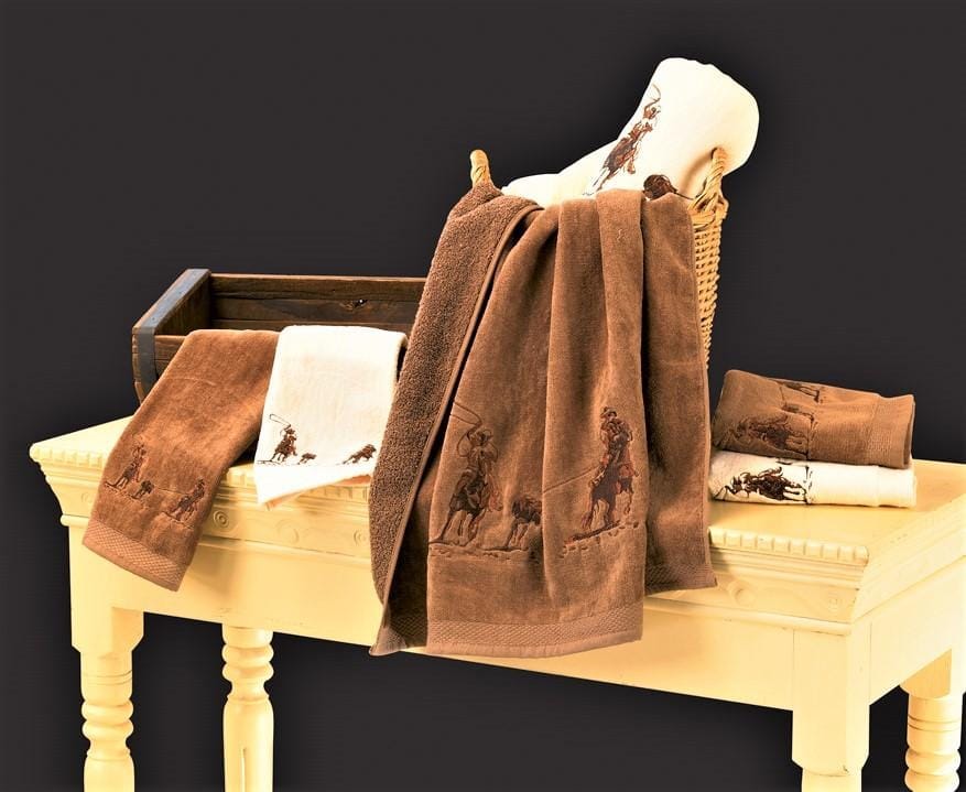Embroidered team roping bathroom towel set. Your Western Decor