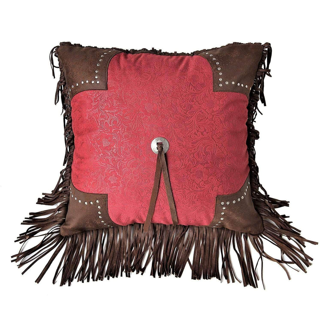 red tooled faux leather accent pillow with fringe - Your Western Decor