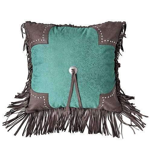 Turquoise Tooled Faux Leather Throw Pillow w/ concho & fringe