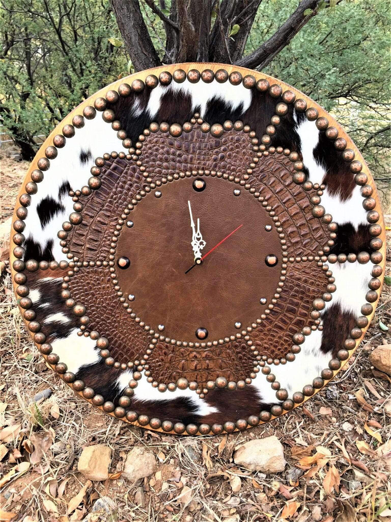 Handmade Croc Leather and Tri Color Hair on Hide Clock - Your Western Decor